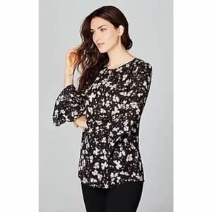 J.Jill Floral Print 3/4 Bell Sleeve Black Blouse M Keyhole Rayon Indie Office